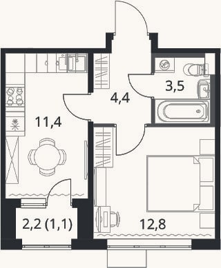 Планировка: 1-к, 32,1 м²