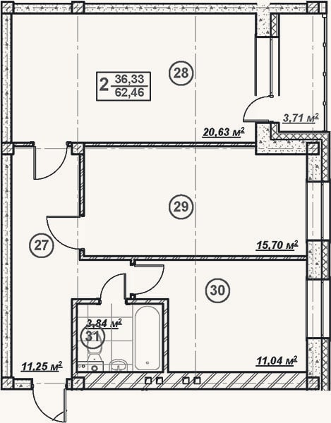 Планировка: 2-к, 62,5 м²