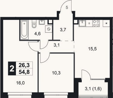 Планировка: 2-к, 53,2 м²