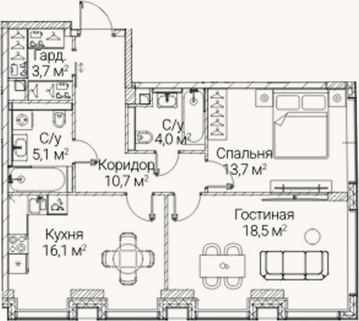 Планировка: 2-к, 71,8 м²