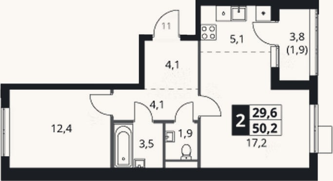 Планировка: 2-к, 48,3 м²