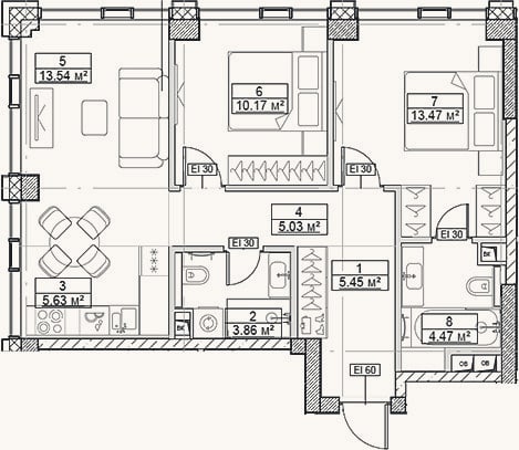 Планировка: 3-к, 61,6 м²