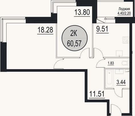 Планировка: 2-к, 58,4 м²