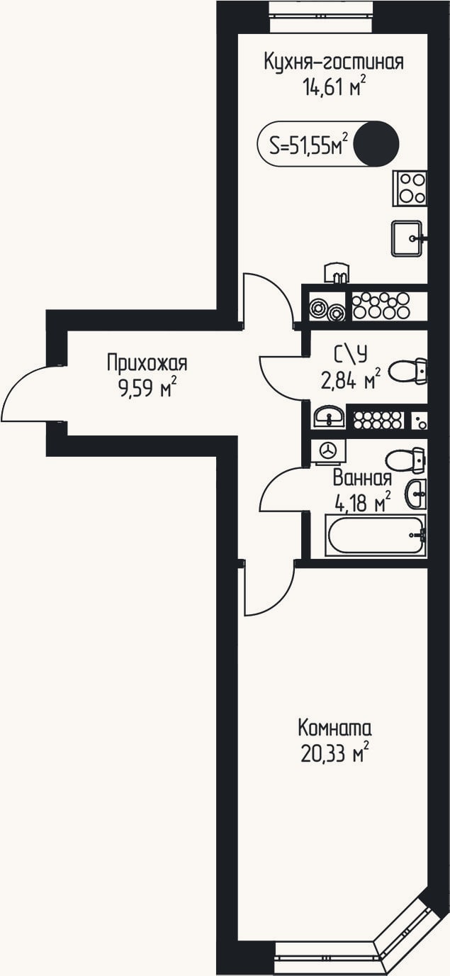 Планировка: 1-к, 51,6 м²