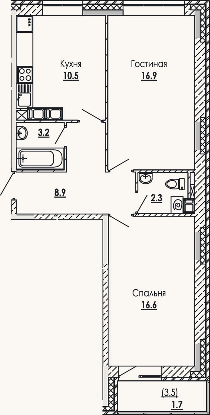 Планировка: 2-к, 58,4 м²