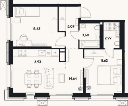 Планировка: 3-к, 58,5 м²