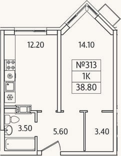 Планировка: 1-к, 38,8 м²