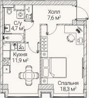 Планировка: 1-к, 43 м²