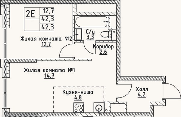Планировка: 2-к, 42,3 м²