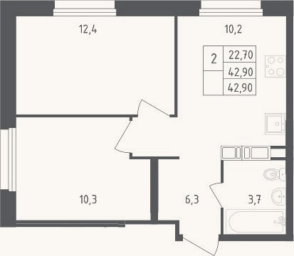 Планировка: 2-к, 42,9 м²