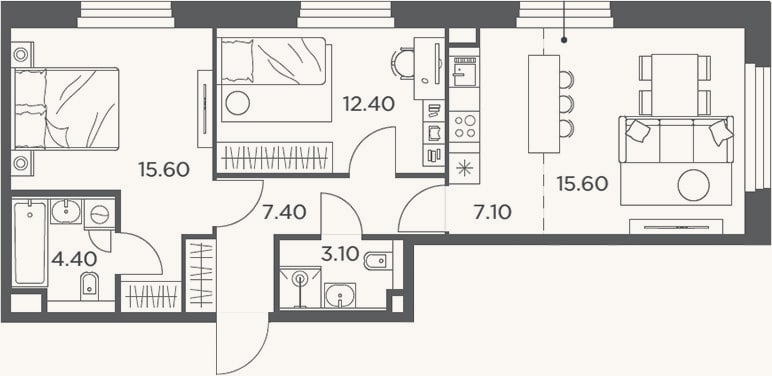 Планировка: 3-к, 65,6 м²