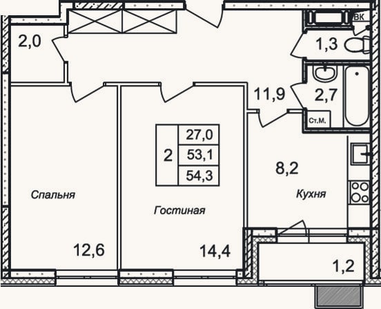 Планировка: 2-к, 53,1 м²