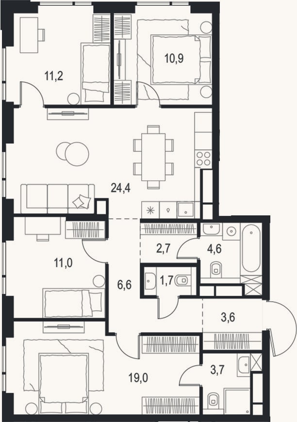 Планировка: 4+ к, 99,4 м²