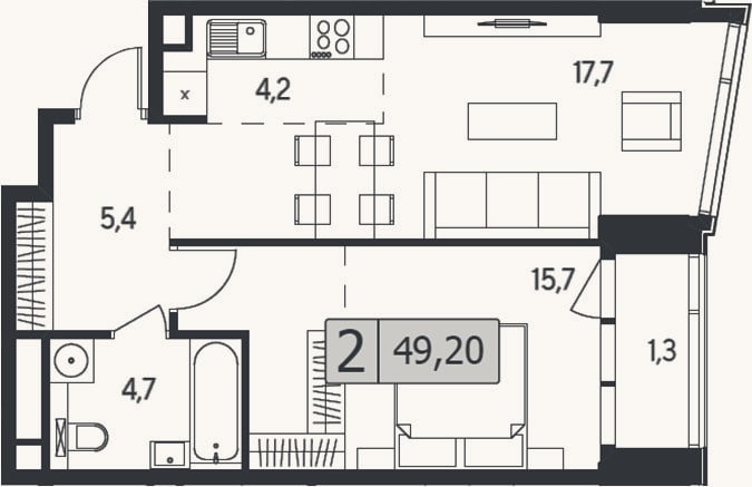 Планировка: 2-к, 47,9 м²