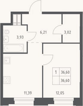 Планировка: 1-к, 36,6 м²