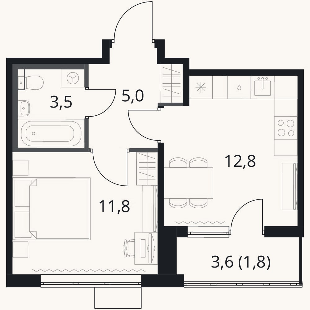 Планировка: 1-к, 33,1 м²