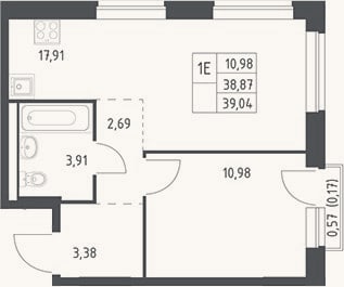 Планировка: 2-к, 38,9 м²
