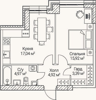 Планировка: 2-к, 46,2 м²