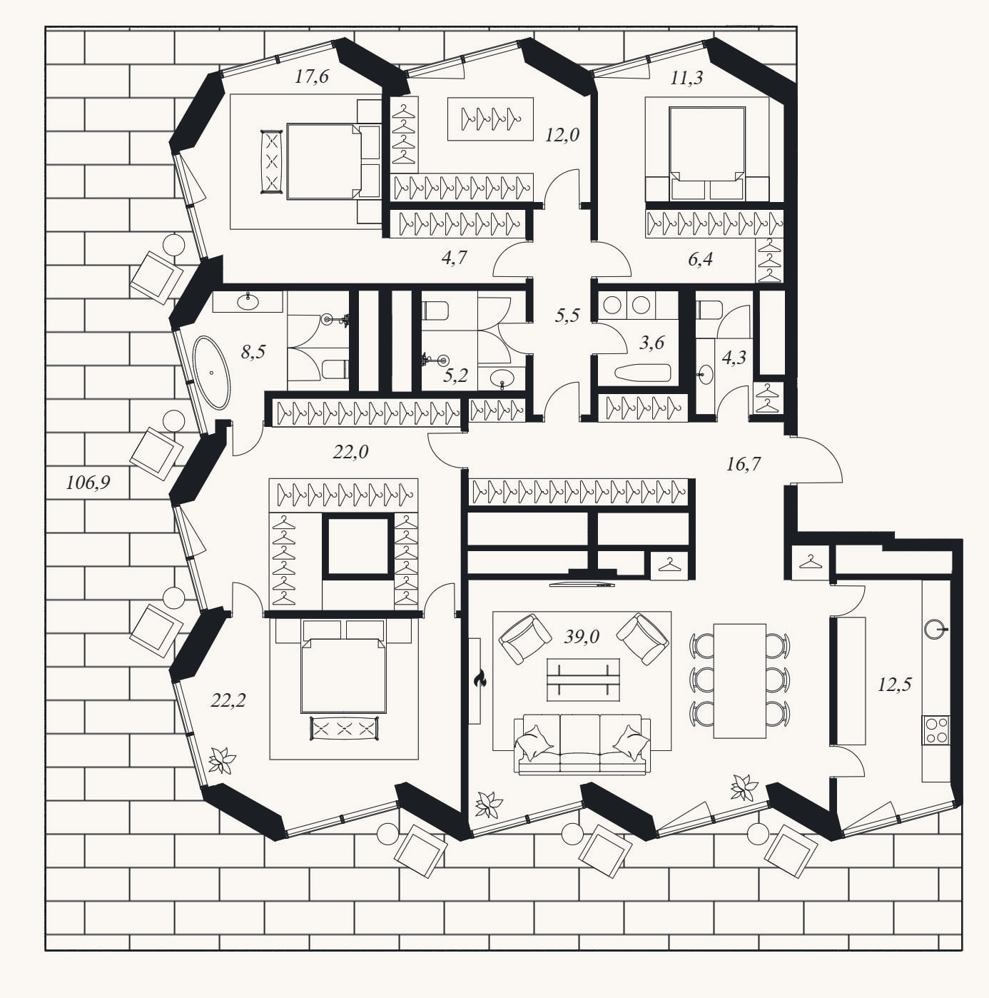Планировка: 4+ к, 195 м²