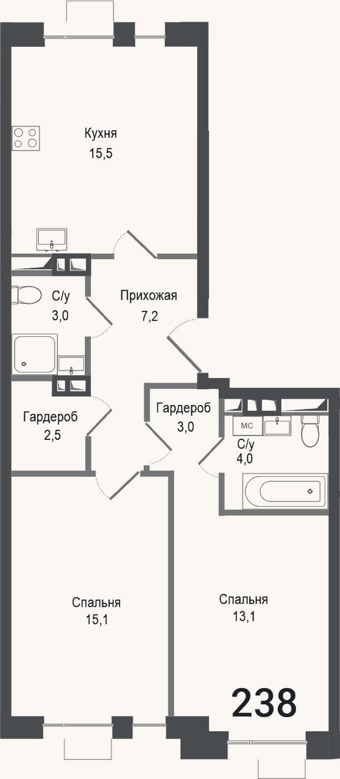 Планировка: 3-к, 63,4 м²