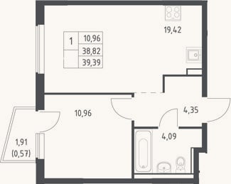 Планировка: 2-к, 38,8 м²