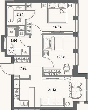 Планировка: 2-к, 64,1 м²
