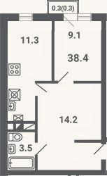 Планировка: 1-к, 38,1 м²