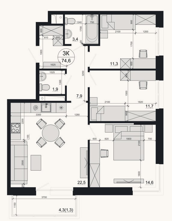 Планировка: 3-к, 73,3 м²