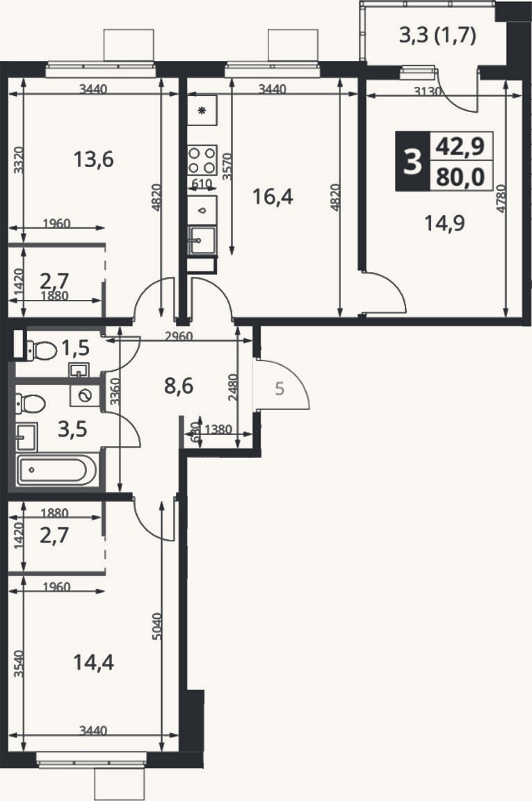 Планировка: 3-к, 78,3 м²