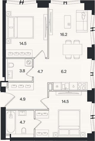 Планировка: 3-к, 69,5 м²