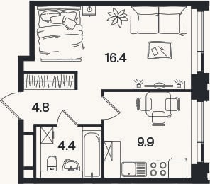 Планировка: 1-к, 35,5 м²