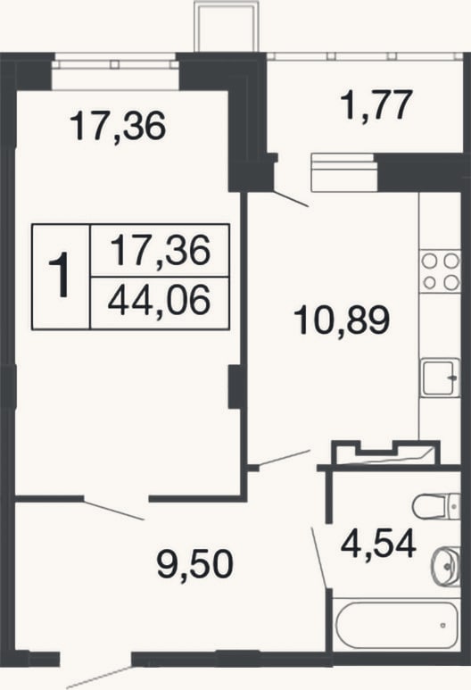 Планировка: 1-к, 42,3 м²