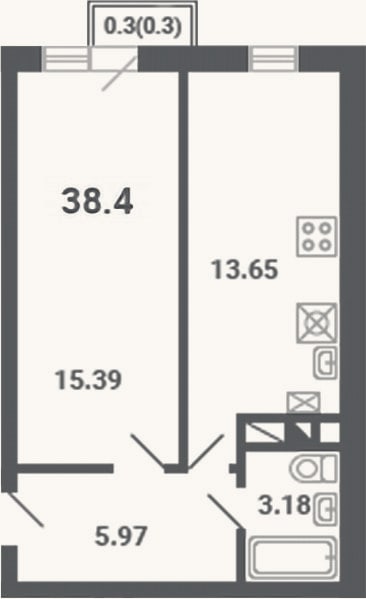 Планировка: 1-к, 38,1 м²