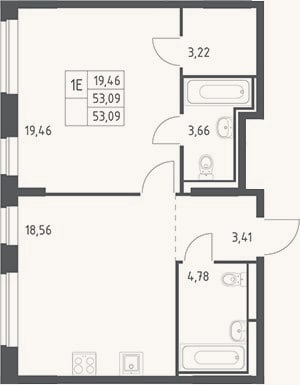 Планировка: 2-к, 53,1 м²