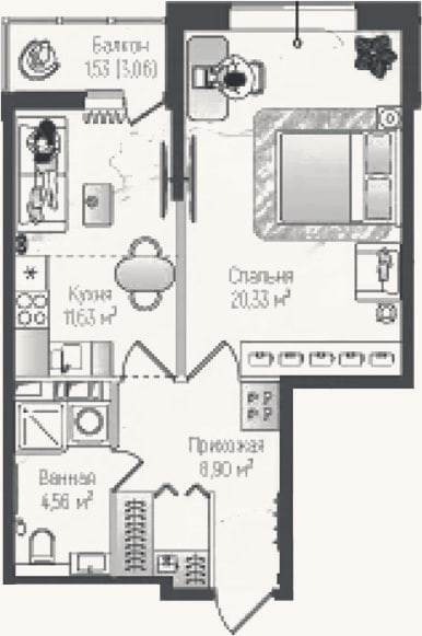Планировка: 2-к, 45,4 м²