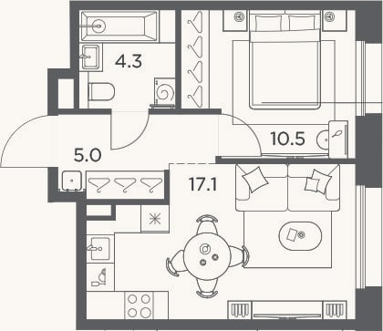 Планировка: 1-к, 36,9 м²