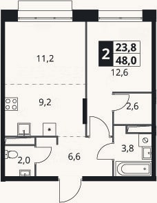 Планировка: 2-к, 48 м²