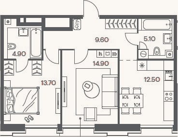 Планировка: 2-к, 60,7 м²