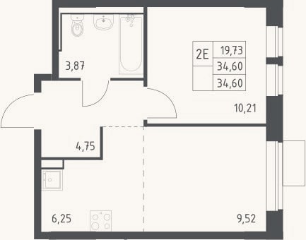 Планировка: 2-к, 34,6 м²