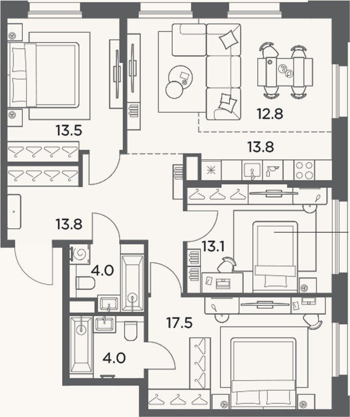 Планировка: 4+ к, 92,5 м²