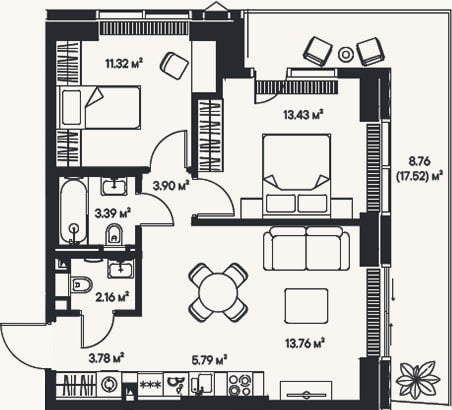 Планировка: 3-к, 57,5 м²