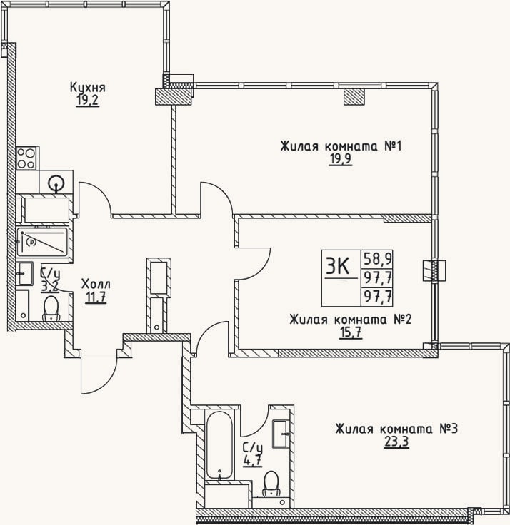 Планировка: 3-к, 97,7 м²