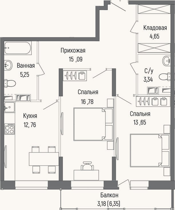 Планировка: 2-к, 71,5 м²