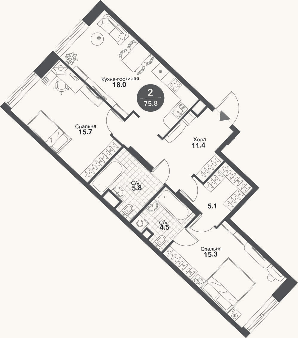 Планировка: 3-к, 75,8 м²