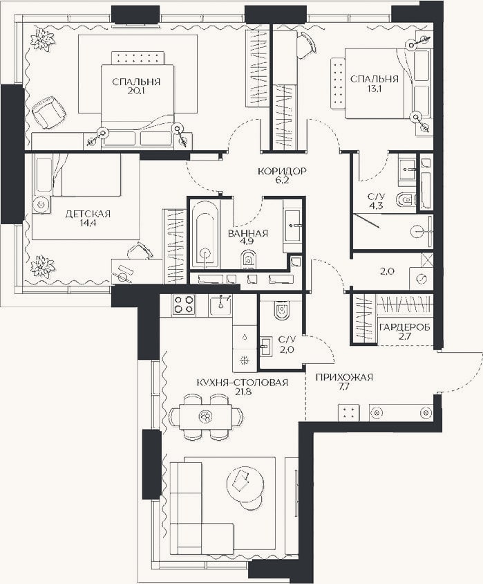 Планировка: 4+ к, 99,2 м²