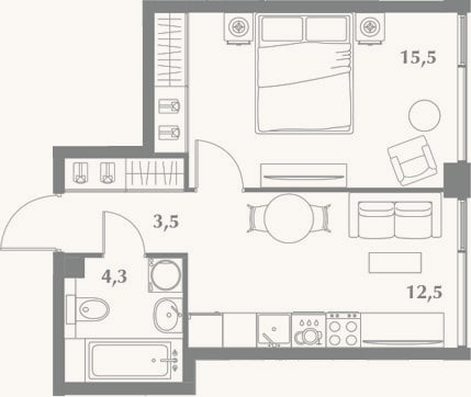 Планировка: 1-к, 35,8 м²