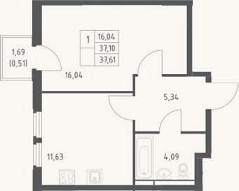 Планировка: 1-к, 37,1 м²