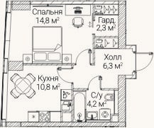 Планировка: 1-к, 38,5 м²