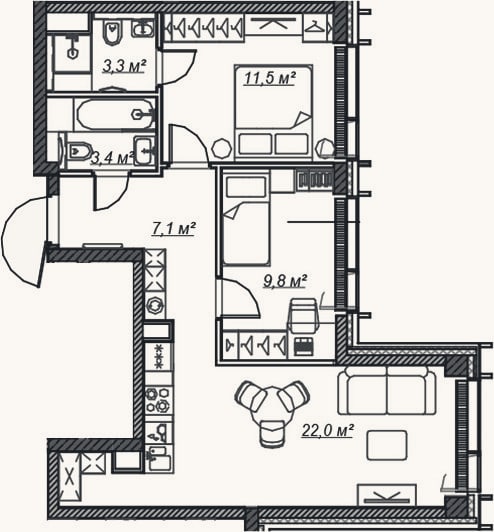 Планировка: 3-к, 57,1 м²