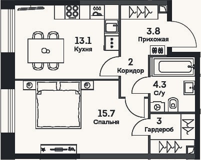 Планировка: 1-к, 41,9 м²